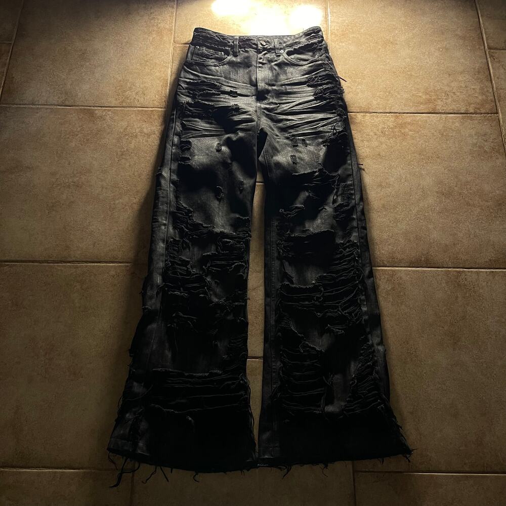 Japanese Archive Distressed Ripped Flared Bootcut Waxed Denim Jeans size 32